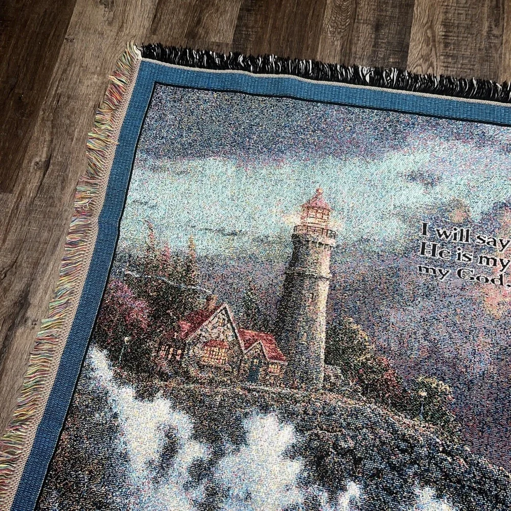 Thomas Kinkade Lighthouse Christian PSALM Woven Tapestry Throw Blanket Vintage